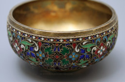 Антикварная серебряная мисочка с эмалевым орнаментом, серебро 88 пробы, перегородчатая эмаль, Россия, к. 19 в.