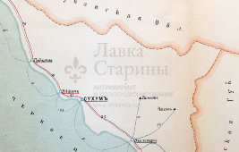 Старинная карта Сухумского округа Кутаисской губернии (Абхазия, Грузия), картографич. зав. П. Ф. Петш, Санкт-Петербург, к. 19, н. 20 вв.