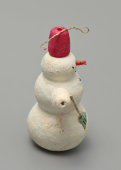 Винтажная ватная елочная игрушка «Снеговик с метелкой», СССР, 1950-е