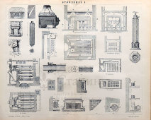 Старинная гравюра «Отопление. Камины», бумага, Брокгауз и Ефрон​, Санкт-Петербург, 1890-е