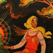 Круглая брошь в русском стиле «Красно солнышко», художник Буреев. Б., Палех, 1975 г.