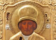 Старинная икона в латунном окладе «Святой Николай Чудотворец», Россия, нач. 20 в.