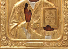 Старинная икона в латунном окладе «Святой Николай Чудотворец», Россия, нач. 20 в.