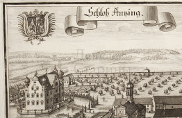 Старинная гравюра «Замок Ампинг», Германия, 1700-е годы
