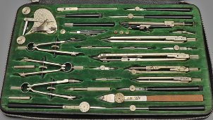 Готовальня, набор инструментов для черчения «Präcision Leonardo XII» в кожаном футляре, фирма Е. O. Richter&Co, Германия, 1950-60 гг.