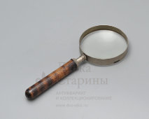 Старинное увеличительное стекло, лупа с деревянной ручкой, никелированная латунь, Франция, нач. 20 в.