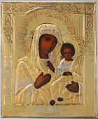 Венчальная пара в киоте: иконы «Господь Вседержитель» и «Богородица Иверская» в серебряных окладах, Москва, кон. 19 в.