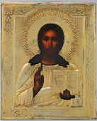 Венчальная пара в киоте: иконы «Господь Вседержитель» и «Богородица Иверская» в серебряных окладах, Москва, кон. 19 в.