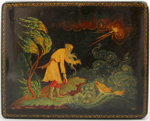 Лаковая шкатулка папье-маше по мотивам сказки «О рыбаке и рыбке», художник Жбанов Н. М., Палех, 1953 г.