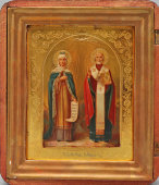 Старинная деревянная икона в киоте «Святая княгиня Ольга и Николай Чудотворец», Россия, нач. 20 в.