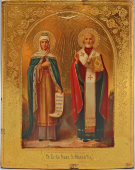 Старинная деревянная икона в киоте «Святая княгиня Ольга и Николай Чудотворец», Россия, нач. 20 в.