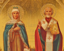 Старинная деревянная икона в киоте «Святая княгиня Ольга и Николай Чудотворец», Россия, нач. 20 в.