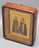 Старинная деревянная икона в киоте «Святая княгиня Ольга и Николай Чудотворец», Россия, нач. 20 в.