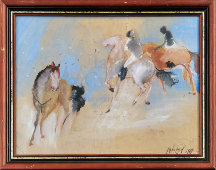 Картина «Лошади»​, художник Курдов В. И., бумага, акварель, СССР, 1977 г.