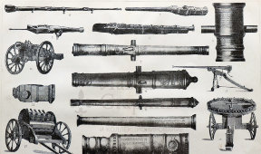 Старинная гравюра «Артиллерийские орудия», бумага, Брокгауз и Ефрон​, Санкт-Петербург, 1900-е