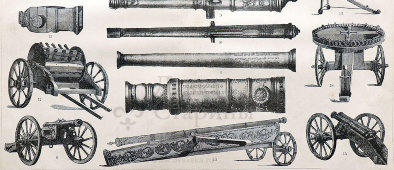 Старинная гравюра «Артиллерийские орудия», бумага, Брокгауз и Ефрон​, Санкт-Петербург, 1900-е