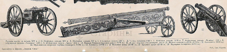 Старинная гравюра «Артиллерийские орудия», бумага, Брокгауз и Ефрон​, Санкт-Петербург, 1900-е