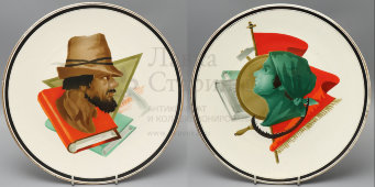 Настенная декоративная агитационная тарелка «Колхозное крестьянство», фаянс, Песоченская фабрика, 1920-е