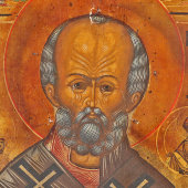 Старинная деревянная икона Николая Чудотворца с серебрением, Среднее Поволжье, кон. 19 в.