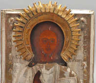 Старинная живописная икона на дереве в латунном окладе «Господь Вседержитель», Россия, 19 в.