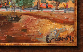 Картина с городским пейхажем «Прокладка труб», художник Б. Е. Есин, холст, масло, СССР, 1961 г.