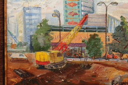 Картина с городским пейхажем «Прокладка труб», художник Б. Е. Есин, холст, масло, СССР, 1961 г.