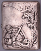 Портсигар «Русский богатырь и крылатый змей», серебро 84 пр., Россия, 1908-1917 гг.