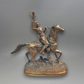 Антикварная бронзовая скульптура огромного размера «Всадник с птицей», автор Пьер-Жюль Мэн (P. J. Men), Франция, 19 век