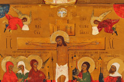 Старинная живописная деревянная икона «Распятие с предстоящими», Россия, кон. 18 в.