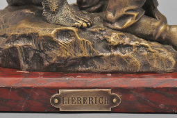 Старинная кабинетная скульптура «Схватка с медведем», скульптор Либерих Н. И., бронза, мрамор, Россия, 19 в.