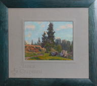 Картина пейзаж «На опушке», художник Д. А. Колупаев, картон, масло, 1930-40 гг.