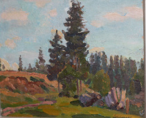 Картина пейзаж «На опушке», художник Д. А. Колупаев, картон, масло, 1930-40 гг.