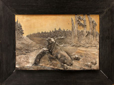 Старинная объемная картина-панно «Охота», металл (шпиатр)