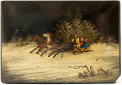 Шкатулка из папье-маше «Мчится тройка», Федоскино, 1950 г.