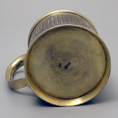 Антикварный серебряный подстаканник в русском стиле «Чаёк попивай, да ромок подливай», 84 проба, 19 век