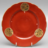Старинная фарфоровая тарелка с медальонами под хохлому, ЛФЗ, 1930-е гг.