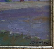 Картина пейзаж «Деревня вдалеке», художник Д. А. Колупаев, картон, масло, живопись СССР, 1920 г.