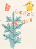 Почтовая карточка «С новым годом! Желтая птичка сидит на веревке на фоне елки», 1963 год