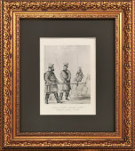 Старинная гравюра в раме «Егерь, пеший и конный казаки Тверского ополчения 1812-1813», Россия, 19 в.