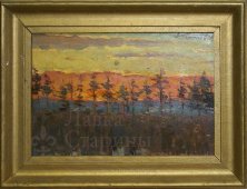 Пейзаж «Лесной закат», художник Потапов А., картон, масло, СССР, 1960 г.