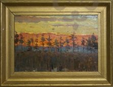 Пейзаж «Лесной закат», художник Потапов А., картон, масло, СССР, 1960 г.