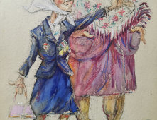 Шарж «Баба Лена и мать Алевтины» по фильму «Кот в мешке», художник Т. Щукина, картон, 1978 г.