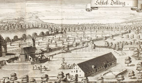 Старинная гравюра «Замок Деллинг, гравюра Михаэля Венинга», Германия, 1700-е годы