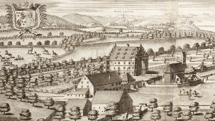 Старинная гравюра «Замок Деллинг, гравюра Михаэля Венинга», Германия, 1700-е годы