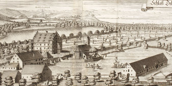 Старинная гравюра «Замок Деллинг, гравюра Михаэля Венинга», Германия, 1700-е годы