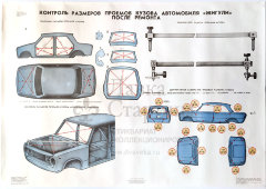 Учебный плакат «Контроль размеров проемов кузова автомобиля «Жигули» после ремонта» из серии «Ремонт кузовов и кабин легковых автомобилей», худ. Белопольский Ю. С., изд-во «Высшая школа», Одесса, 1990 г.