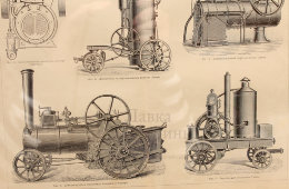Старинная гравюра «Локомобили»,  Большая энциклопедия, Россия, к. 19, н. 20 в.